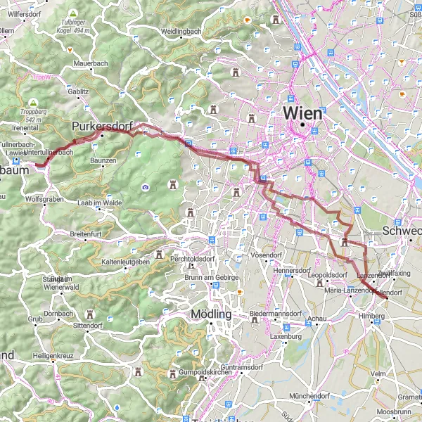 Mapa miniatúra "Gravelová cyklotrasa cez Laaer Berg a Purkersdorf" cyklistická inšpirácia v Niederösterreich, Austria. Vygenerované cyklistickým plánovačom trás Tarmacs.app