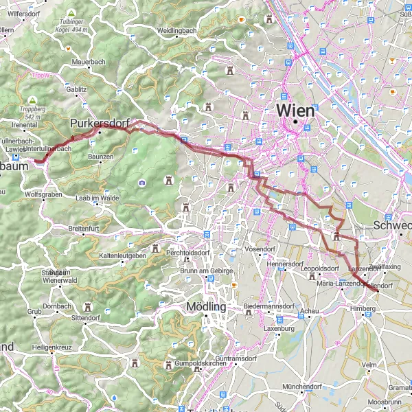 Miniatuurkaart van de fietsinspiratie "Gravelavontuur door de Oostenrijkse Natuur" in Niederösterreich, Austria. Gemaakt door de Tarmacs.app fietsrouteplanner