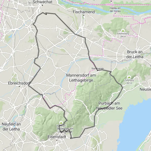 Zemljevid v pomanjšavi "Po sledeh Schwadorfa in Purbach am Neusiedler See" kolesarske inspiracije v Niederösterreich, Austria. Generirano z načrtovalcem kolesarskih poti Tarmacs.app