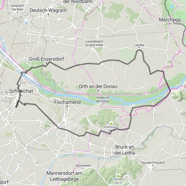 Zemljevid v pomanjšavi "Ustavitev v Lasseeju in Bad Deutsch-Altenburgu" kolesarske inspiracije v Niederösterreich, Austria. Generirano z načrtovalcem kolesarskih poti Tarmacs.app