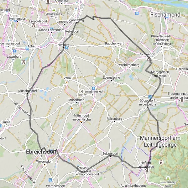 Miniatura della mappa di ispirazione al ciclismo "Tour in Bicicletta Stradale Lungo il Leithagebirge" nella regione di Niederösterreich, Austria. Generata da Tarmacs.app, pianificatore di rotte ciclistiche