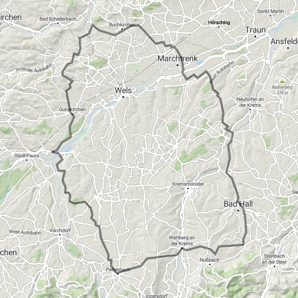 Miniatura della mappa di ispirazione al ciclismo "Itinerario delle Cascate di Cristallo" nella regione di Oberösterreich, Austria. Generata da Tarmacs.app, pianificatore di rotte ciclistiche