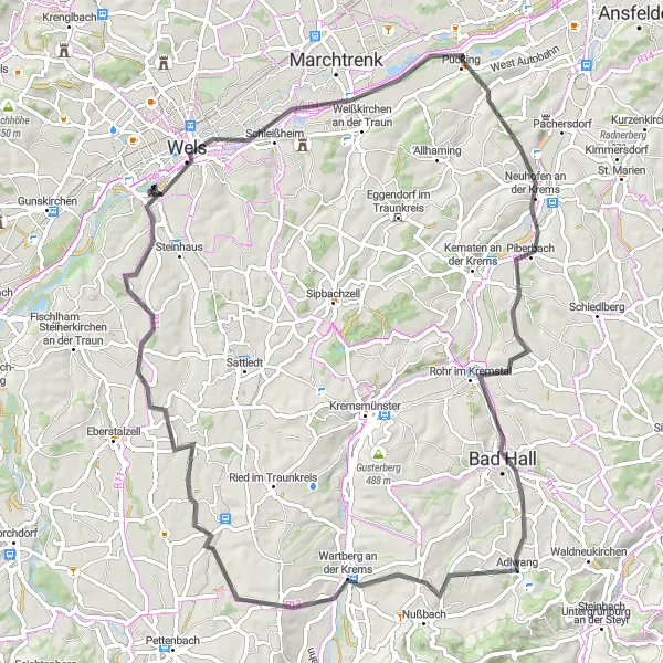Kartminiatyr av "Wartberg an der Krems Loop" sykkelinspirasjon i Oberösterreich, Austria. Generert av Tarmacs.app sykkelrutoplanlegger