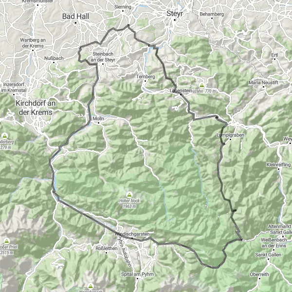 Miniaturní mapa "Cyklovýlet kolem Wurbauerkogelu a Klaus an der Pyhrnbahn" inspirace pro cyklisty v oblasti Oberösterreich, Austria. Vytvořeno pomocí plánovače tras Tarmacs.app