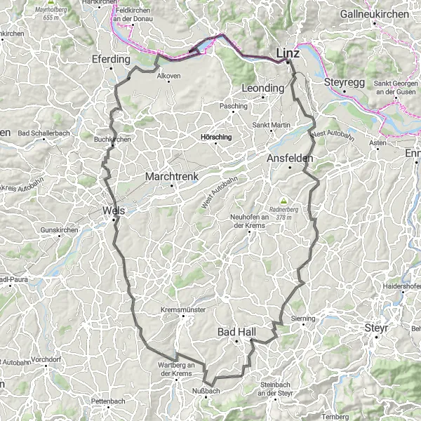 Miniatura della mappa di ispirazione al ciclismo "Avventurosa pedalata su strada a partire da Adlwang" nella regione di Oberösterreich, Austria. Generata da Tarmacs.app, pianificatore di rotte ciclistiche
