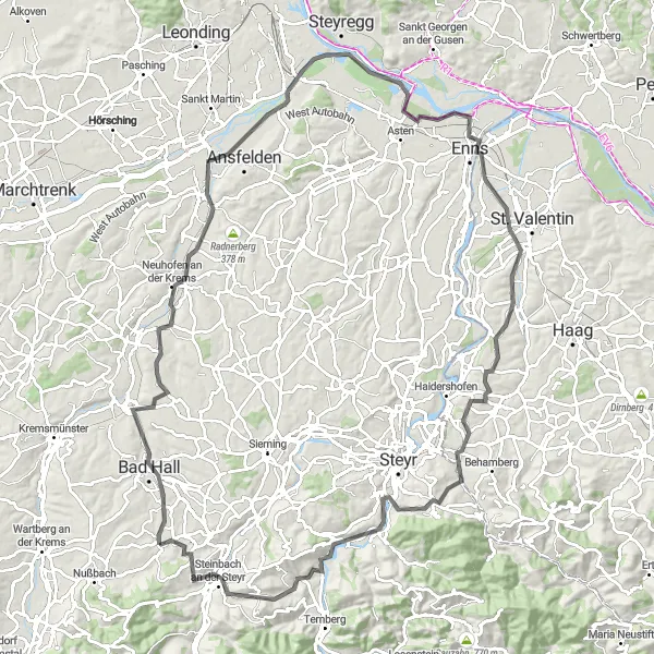Miniatura della mappa di ispirazione al ciclismo "Tour in bicicletta panoramico partendo da Adlwang" nella regione di Oberösterreich, Austria. Generata da Tarmacs.app, pianificatore di rotte ciclistiche