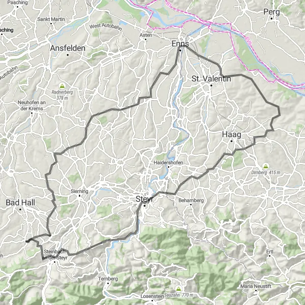 Kartminiatyr av "Utforsk det naturskjønne landskapet på vei til Steyr" sykkelinspirasjon i Oberösterreich, Austria. Generert av Tarmacs.app sykkelrutoplanlegger