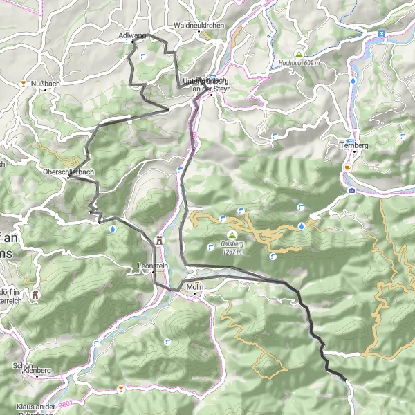 Zemljevid v pomanjšavi "Kolesarska pot po zgornji avstrijski regiji blizu Adlwanga" kolesarske inspiracije v Oberösterreich, Austria. Generirano z načrtovalcem kolesarskih poti Tarmacs.app