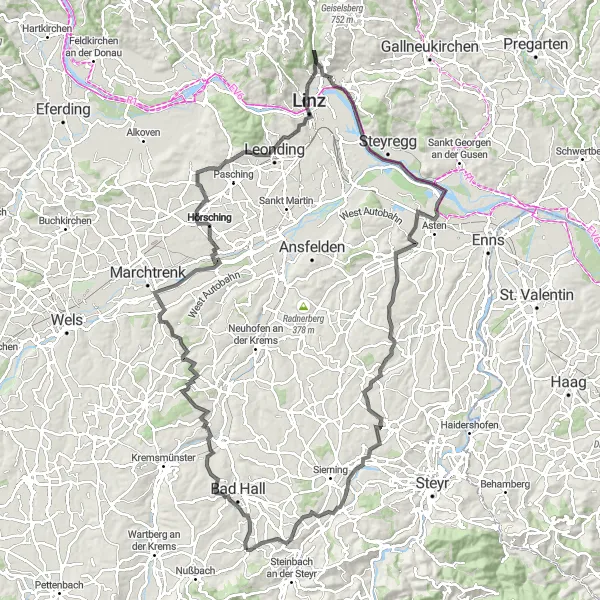 Zemljevid v pomanjšavi "Pustolovska kolesarska tura" kolesarske inspiracije v Oberösterreich, Austria. Generirano z načrtovalcem kolesarskih poti Tarmacs.app