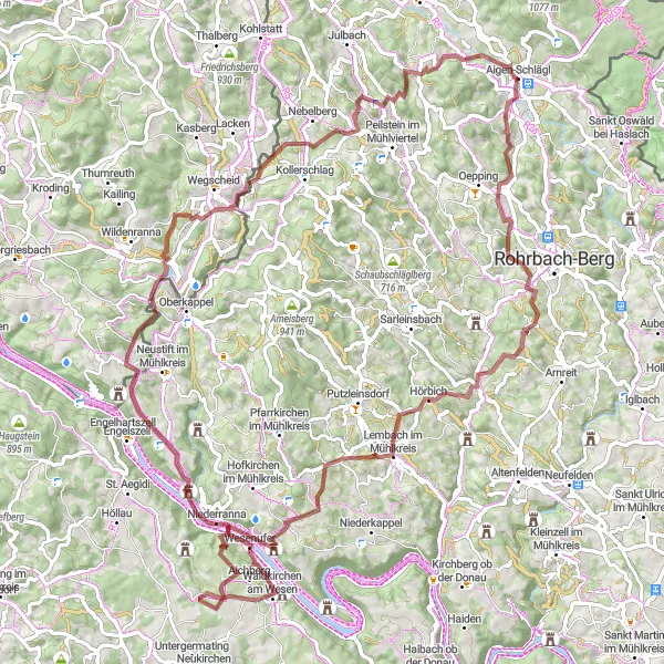 Miniatura della mappa di ispirazione al ciclismo "Tour dei Castelli nel Cuore dell'Austria" nella regione di Oberösterreich, Austria. Generata da Tarmacs.app, pianificatore di rotte ciclistiche