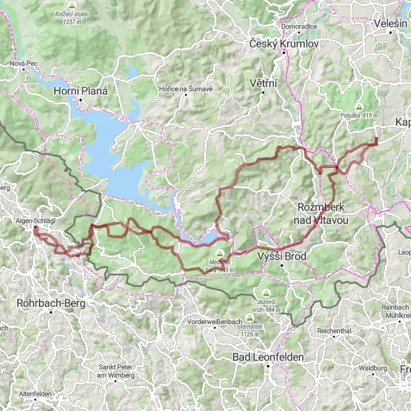 Miniaturekort af cykelinspirationen "Udfordrende grusvej cykelrute til Lipno" i Oberösterreich, Austria. Genereret af Tarmacs.app cykelruteplanlægger