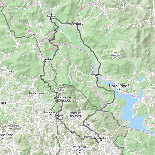 Karttaminiaatyyri "Böhmerwaldin ympäripyöräilyreitti" pyöräilyinspiraatiosta alueella Oberösterreich, Austria. Luotu Tarmacs.app pyöräilyreittisuunnittelijalla