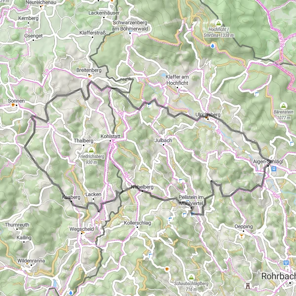 Miniatura della mappa di ispirazione al ciclismo "Giro in bicicletta su strada tra Aigen im Mühlkreis e Rudolfing" nella regione di Oberösterreich, Austria. Generata da Tarmacs.app, pianificatore di rotte ciclistiche