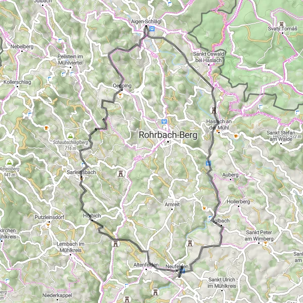 Miniatua del mapa de inspiración ciclista "Ruta de Carretera Aigen-Schlägl - Natschlag" en Oberösterreich, Austria. Generado por Tarmacs.app planificador de rutas ciclistas