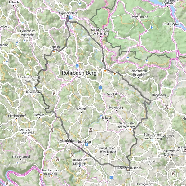 Miniatua del mapa de inspiración ciclista "Ruta de Ciclismo de Carretera Aigen-Schlägl - Oepping" en Oberösterreich, Austria. Generado por Tarmacs.app planificador de rutas ciclistas