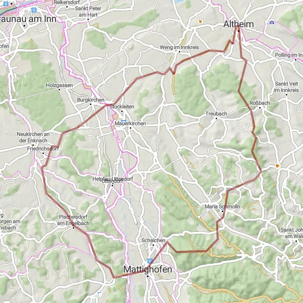 Zemljevid v pomanjšavi "Gravel 57km Altheim krog poti" kolesarske inspiracije v Oberösterreich, Austria. Generirano z načrtovalcem kolesarskih poti Tarmacs.app