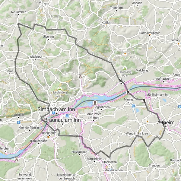 Kartminiatyr av "Altheim til Altheim via Weng im Innkreis og Ering" sykkelinspirasjon i Oberösterreich, Austria. Generert av Tarmacs.app sykkelrutoplanlegger