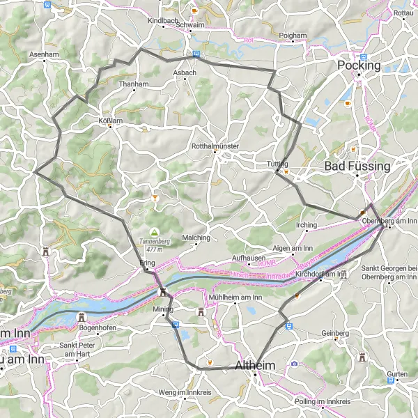 Miniaturní mapa "Okružní silniční trasa kolem Altheimu" inspirace pro cyklisty v oblasti Oberösterreich, Austria. Vytvořeno pomocí plánovače tras Tarmacs.app