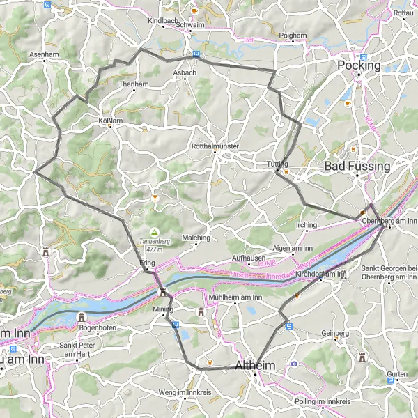 Mapa miniatúra "Trasy cyklotúr od Altheimu: okruh na cestných bicykloch" cyklistická inšpirácia v Oberösterreich, Austria. Vygenerované cyklistickým plánovačom trás Tarmacs.app