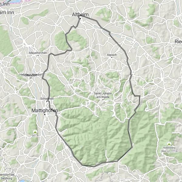 Karttaminiaatyyri "Altheim - Schalchen" pyöräilyinspiraatiosta alueella Oberösterreich, Austria. Luotu Tarmacs.app pyöräilyreittisuunnittelijalla