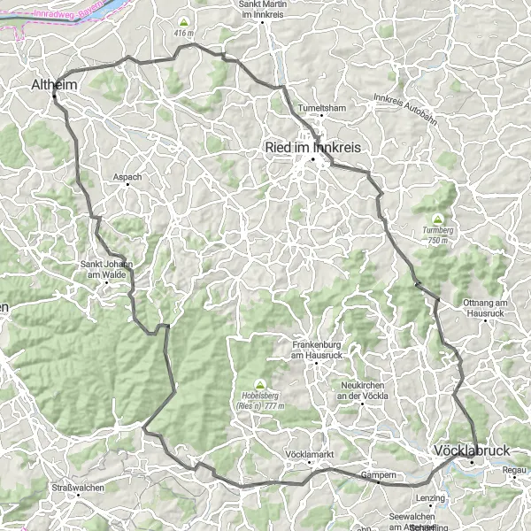 Karttaminiaatyyri "Haastava matka Vöcklabruckin kautta" pyöräilyinspiraatiosta alueella Oberösterreich, Austria. Luotu Tarmacs.app pyöräilyreittisuunnittelijalla