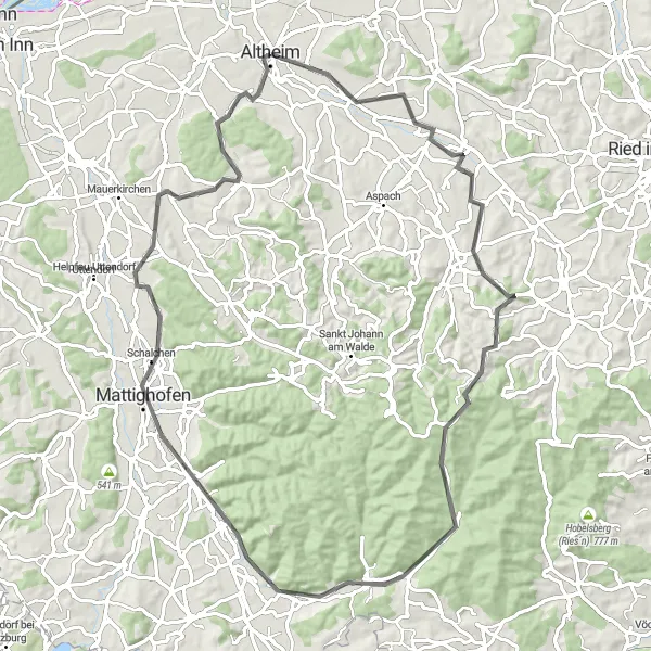 Kartminiatyr av "Kirchheim im Innkreis til Altheim Road Bike Route" sykkelinspirasjon i Oberösterreich, Austria. Generert av Tarmacs.app sykkelrutoplanlegger