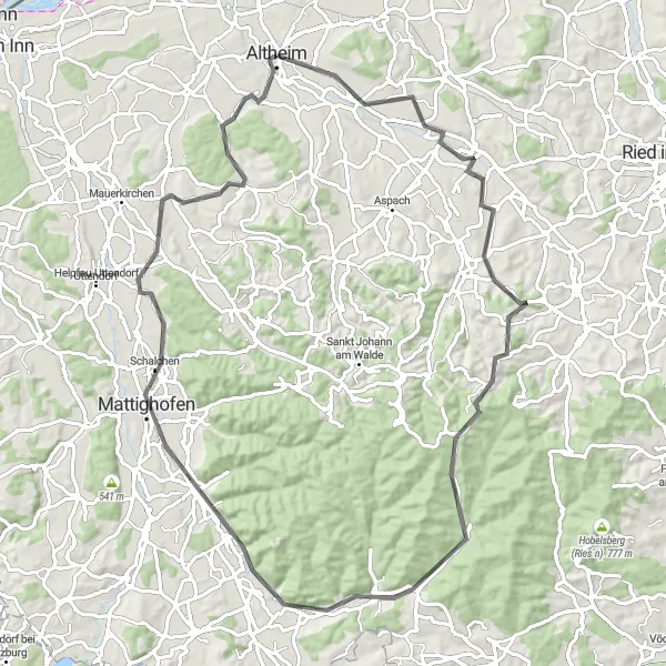 Miniatuurkaart van de fietsinspiratie "Altheim naar Kirchheim im Innkreis" in Oberösterreich, Austria. Gemaakt door de Tarmacs.app fietsrouteplanner