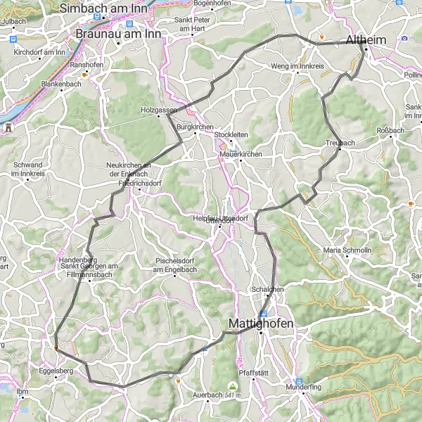 Mapa miniatúra "Okruhová cyklotrasa Mattighofen - Neukirchen an der Enknach" cyklistická inšpirácia v Oberösterreich, Austria. Vygenerované cyklistickým plánovačom trás Tarmacs.app