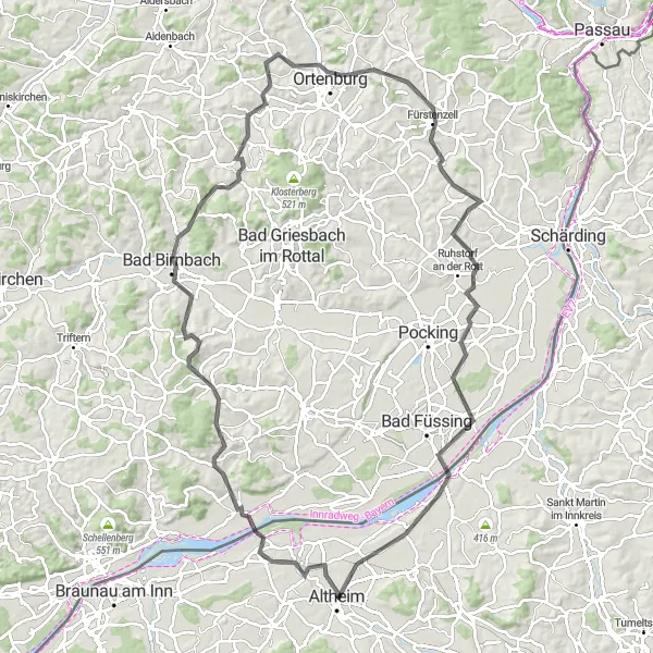 Miniatura della mappa di ispirazione al ciclismo "Tour panoramico alla scoperta di antichi borghi vicino ad Altheim" nella regione di Oberösterreich, Austria. Generata da Tarmacs.app, pianificatore di rotte ciclistiche
