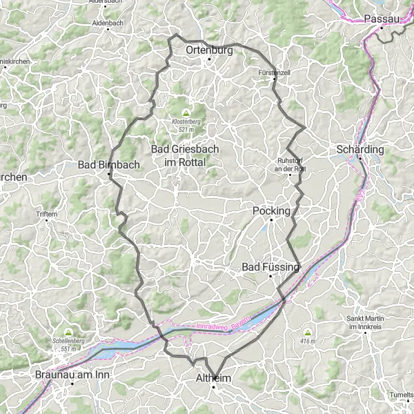 Kartminiatyr av "Altheim - Ering - Kößlarn - Schöne Aussicht - Ortenburg - Fürstenzell - Rottau - Obernberg am Inn - Köpfstätte - Altheim" cykelinspiration i Oberösterreich, Austria. Genererad av Tarmacs.app cykelruttplanerare