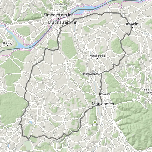 Miniatura della mappa di ispirazione al ciclismo "Ciclostrada attraverso Braunau am Inn" nella regione di Oberösterreich, Austria. Generata da Tarmacs.app, pianificatore di rotte ciclistiche