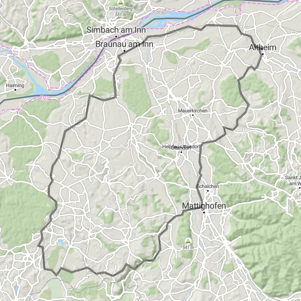 Karttaminiaatyyri "Von Altheim nach Braunau am Inn" pyöräilyinspiraatiosta alueella Oberösterreich, Austria. Luotu Tarmacs.app pyöräilyreittisuunnittelijalla