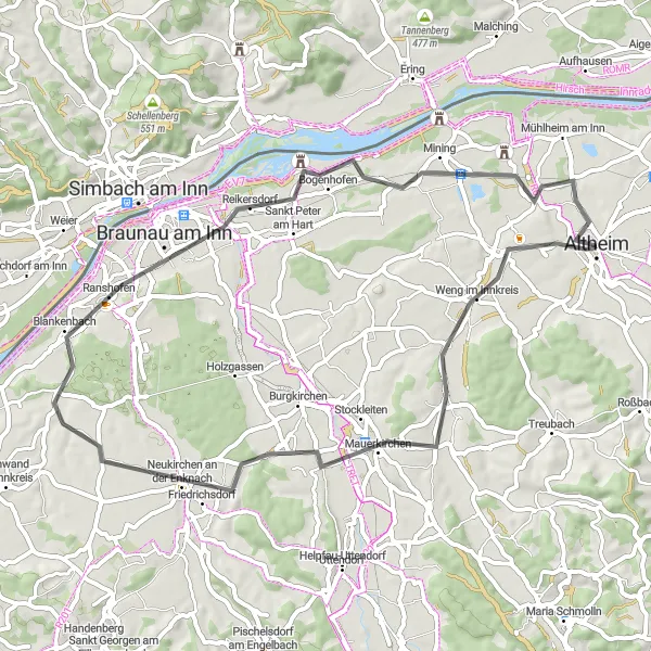 Miniatura della mappa di ispirazione al ciclismo "Giro in bicicletta attorno ad Altheim" nella regione di Oberösterreich, Austria. Generata da Tarmacs.app, pianificatore di rotte ciclistiche