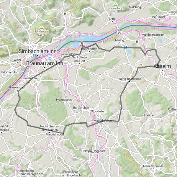 Kartminiatyr av "Altheim - Mauerkirchen - Neukirchen an der Enknach - Braunau am Inn - Schloss Bogenhofen - Schloß Mamling - Altheim" cykelinspiration i Oberösterreich, Austria. Genererad av Tarmacs.app cykelruttplanerare