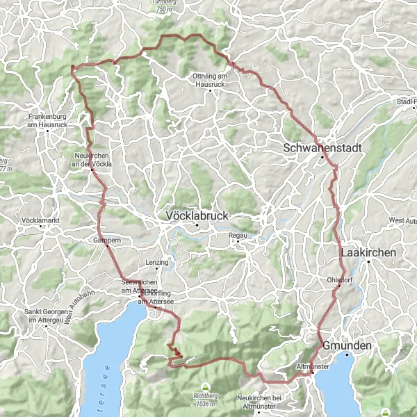 Miniatua del mapa de inspiración ciclista "Ruta de Grava alrededor del Lago Attersee" en Oberösterreich, Austria. Generado por Tarmacs.app planificador de rutas ciclistas