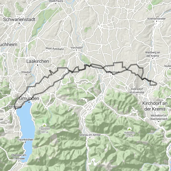 Miniatua del mapa de inspiración ciclista "Viaje cultural y panorámico" en Oberösterreich, Austria. Generado por Tarmacs.app planificador de rutas ciclistas