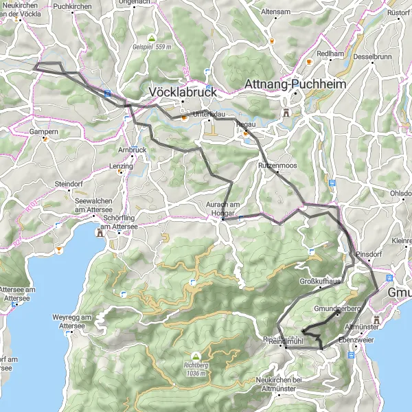 Karttaminiaatyyri "Altmünster - Gmundnerberg Loop" pyöräilyinspiraatiosta alueella Oberösterreich, Austria. Luotu Tarmacs.app pyöräilyreittisuunnittelijalla