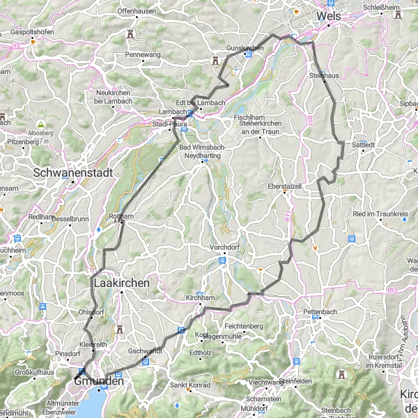 Karten-Miniaturansicht der Radinspiration "Road Trip nach Gmunden" in Oberösterreich, Austria. Erstellt vom Tarmacs.app-Routenplaner für Radtouren