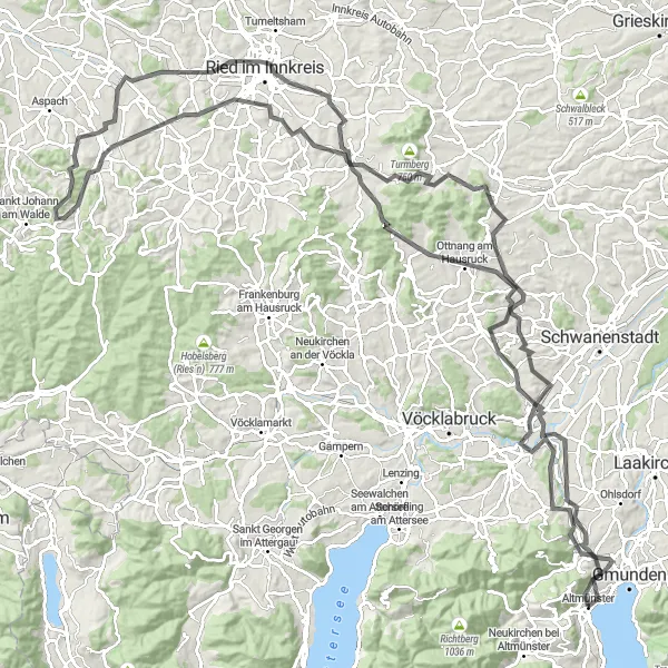 Map miniature of "Altmunster Circular Road Route" cycling inspiration in Oberösterreich, Austria. Generated by Tarmacs.app cycling route planner