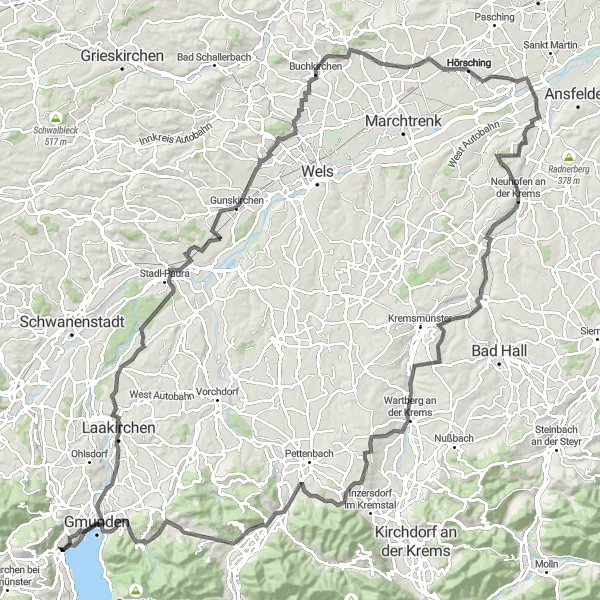 Map miniature of "Gmunden Loop Road Route" cycling inspiration in Oberösterreich, Austria. Generated by Tarmacs.app cycling route planner