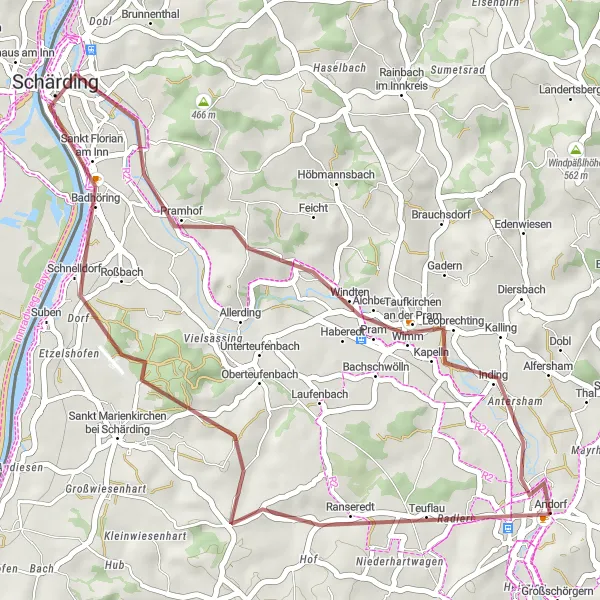 Miniatua del mapa de inspiración ciclista "Ruta de Grava en Andorf y Alrededores" en Oberösterreich, Austria. Generado por Tarmacs.app planificador de rutas ciclistas