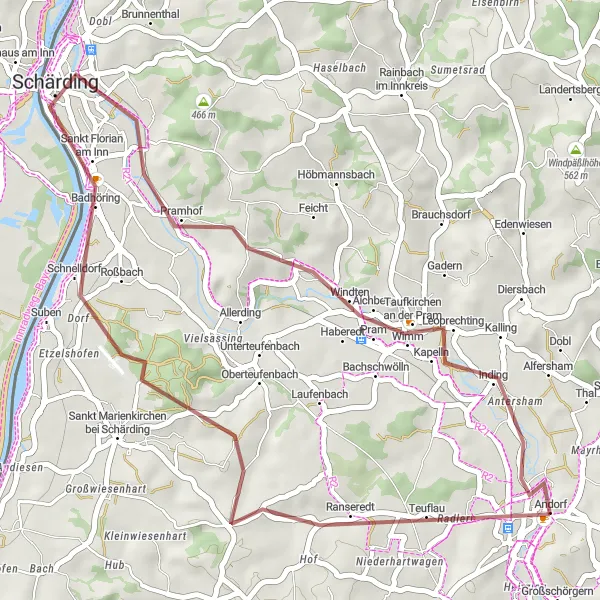 Miniatuurkaart van de fietsinspiratie "Avontuurlijke gravelroute naar Taufkirchen an der Pram" in Oberösterreich, Austria. Gemaakt door de Tarmacs.app fietsrouteplanner