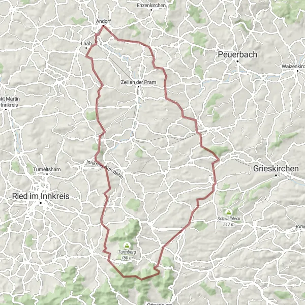 Miniatura della mappa di ispirazione al ciclismo "Avventura in gravel tra Andorf e Taiskirchen im Innkreis" nella regione di Oberösterreich, Austria. Generata da Tarmacs.app, pianificatore di rotte ciclistiche
