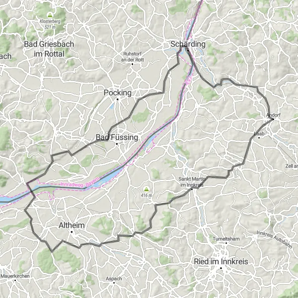 Miniatura della mappa di ispirazione al ciclismo "Giro tra i villaggi dell'Innkreis" nella regione di Oberösterreich, Austria. Generata da Tarmacs.app, pianificatore di rotte ciclistiche