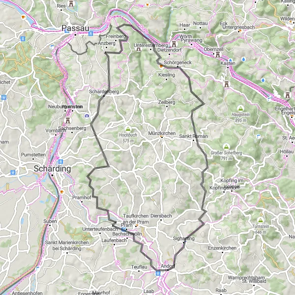 Mapa miniatúra "Lesná cyklotrasa cez Taufkirchen a Sigharting" cyklistická inšpirácia v Oberösterreich, Austria. Vygenerované cyklistickým plánovačom trás Tarmacs.app