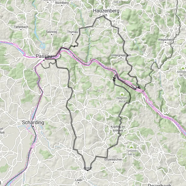 Miniature de la carte de l'inspiration cycliste "Aventure cycliste autour de Passau et Hauzenberg" dans la Oberösterreich, Austria. Générée par le planificateur d'itinéraire cycliste Tarmacs.app