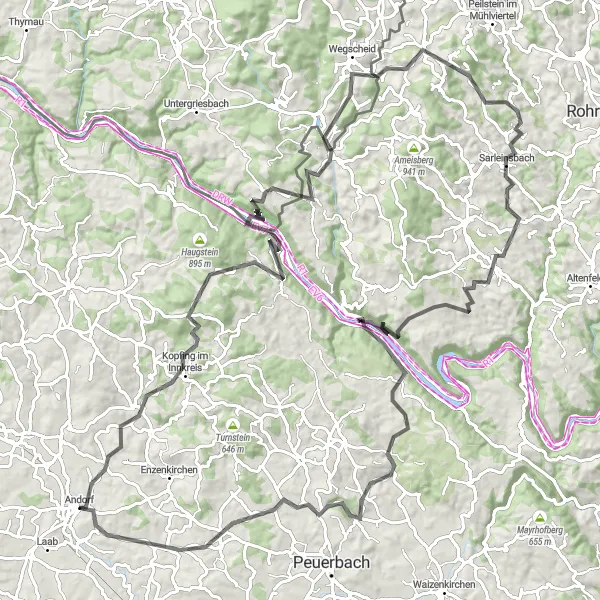 Miniaturní mapa "Významná cyklotrasa z Andorfu k Dunaji" inspirace pro cyklisty v oblasti Oberösterreich, Austria. Vytvořeno pomocí plánovače tras Tarmacs.app