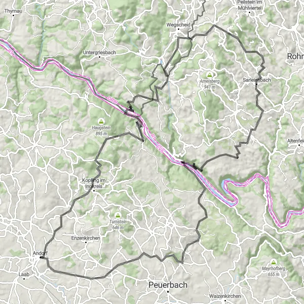 Miniatura della mappa di ispirazione al ciclismo "Esplorazione delle colline di Innkreis" nella regione di Oberösterreich, Austria. Generata da Tarmacs.app, pianificatore di rotte ciclistiche