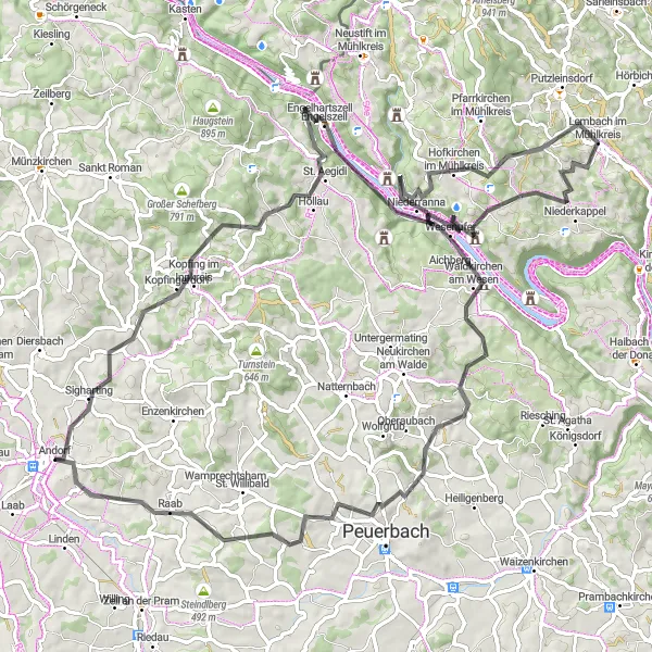 Mapa miniatúra "Cyklotrasa cez Kopfing a Weinberg s úžasnými výhľadmi" cyklistická inšpirácia v Oberösterreich, Austria. Vygenerované cyklistickým plánovačom trás Tarmacs.app