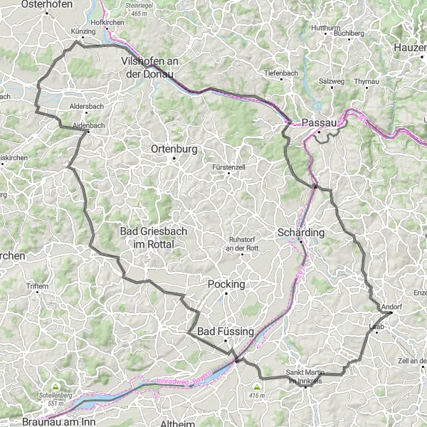 Miniatura della mappa di ispirazione al ciclismo "Grande tour delle colline dell'Inn" nella regione di Oberösterreich, Austria. Generata da Tarmacs.app, pianificatore di rotte ciclistiche